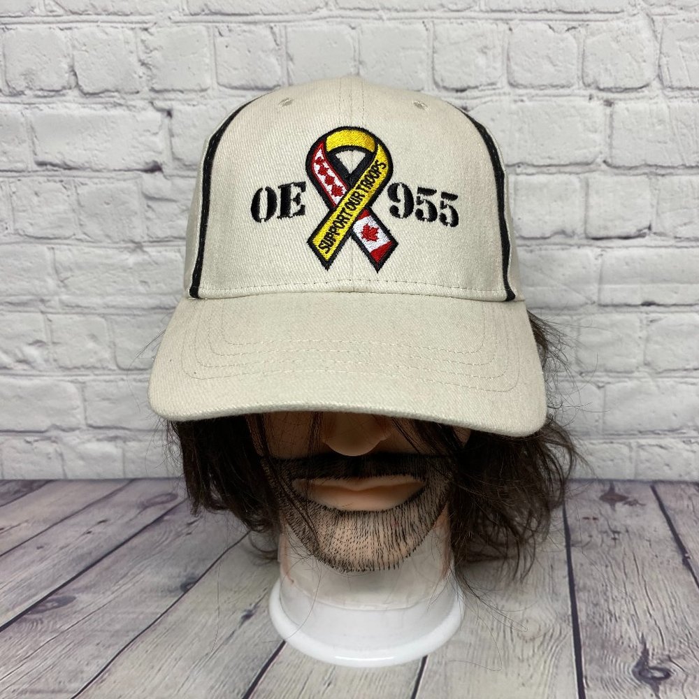 Vintage Hat Cap Strap Back Beige White OE 955 Support Our Troops 90s - ITEM #1